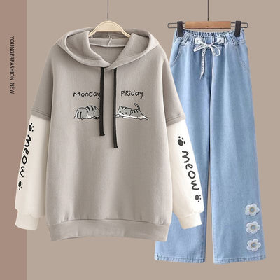 Spring Women's Clothing Student Hoodie Set Preppy-style Straight-leg Pants