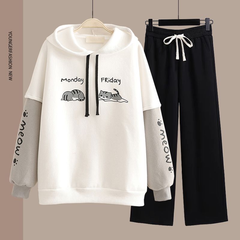 Spring Women's Clothing Student Hoodie Set Preppy-style Straight-leg Pants
