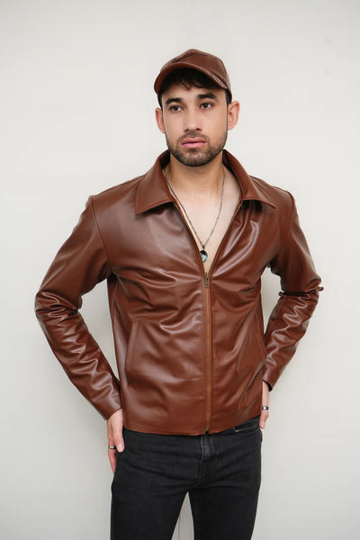 Brown Zipper Basic Faux Leather Jacket