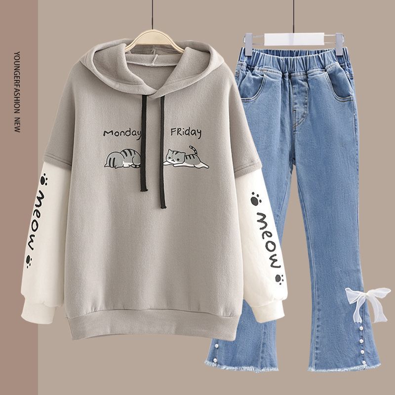 Spring Women's Clothing Student Hoodie Set Preppy-style Straight-leg Pants