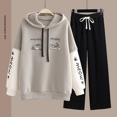 Spring Women's Clothing Student Hoodie Set Preppy-style Straight-leg Pants