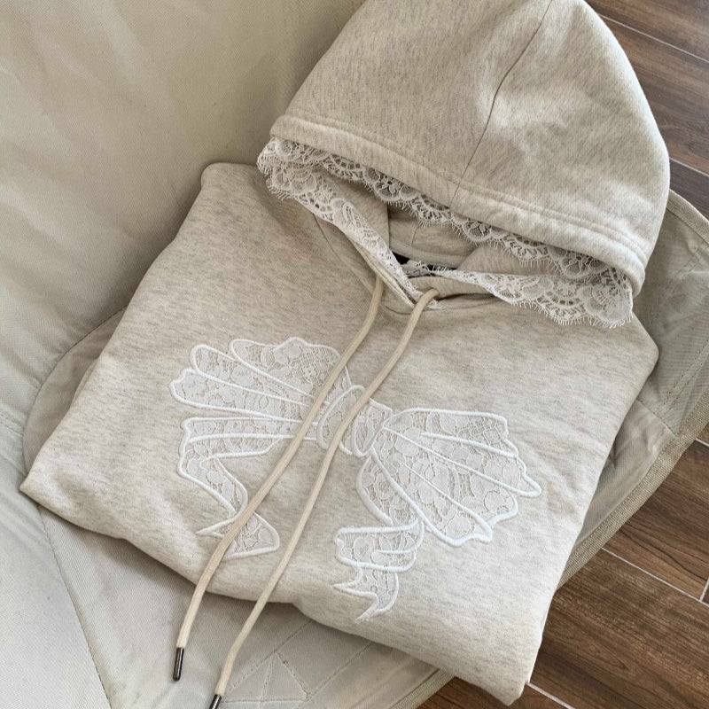 Sweet Lace Trim DesignUnique Retro Loose Top Bowtie Hoodie