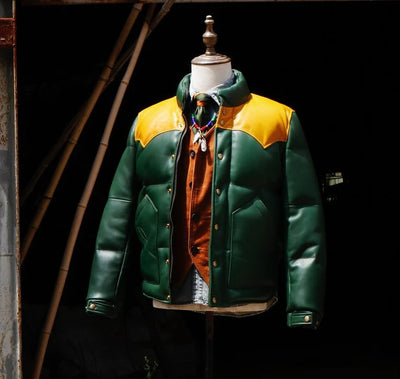 Green Designer Puffer Leather Jacket - Brando