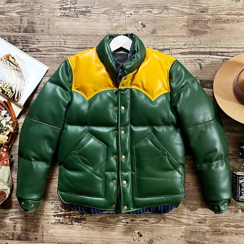 Green Designer Puffer Leather Jacket - Brando