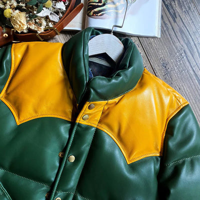 Green Designer Puffer Leather Jacket - Brando