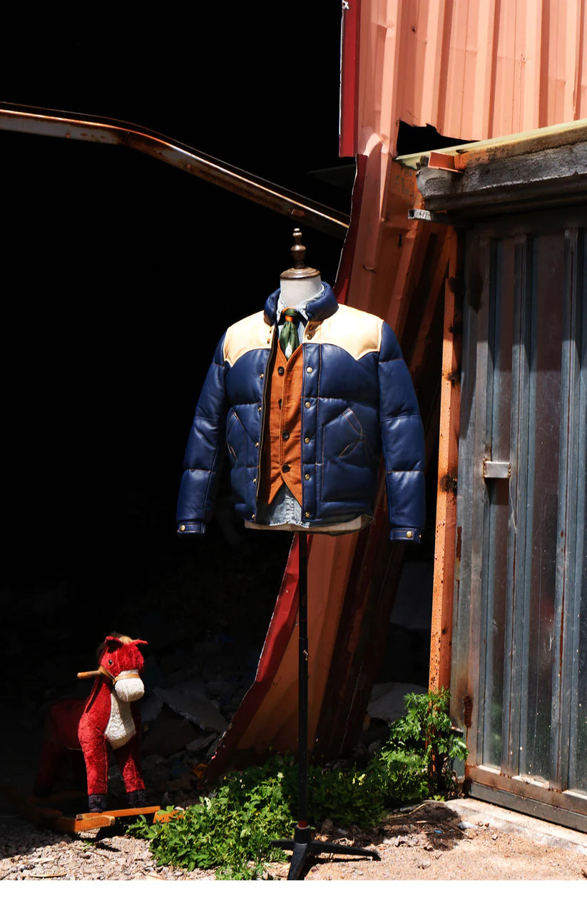 Blue Designer Puffer Leather Jacket - Brando