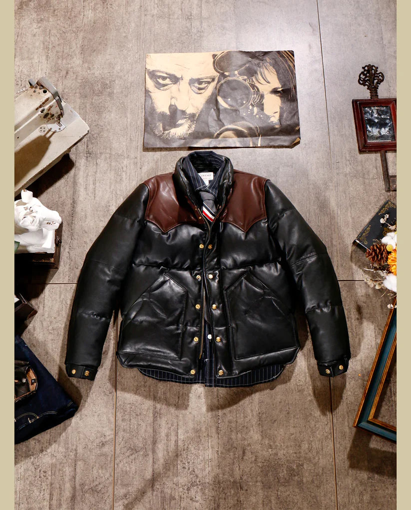 Black Designer Puffer Leather Jacket - Brando