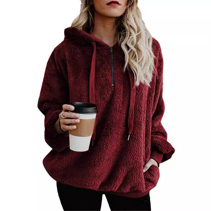 Long Sleeve Zipper Hooded Color Women's Sweatshirt Fleece Jacket