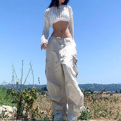 European And American West Coast Solid Color Pocket Stitching Low Waist Woven Casual Pants