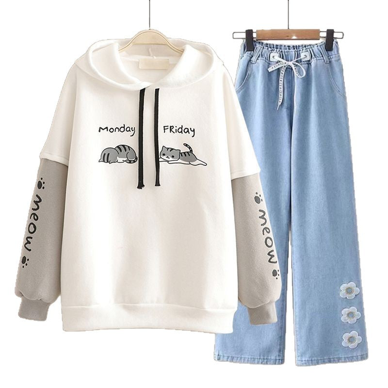 Spring Women's Clothing Student Hoodie Set Preppy-style Straight-leg Pants