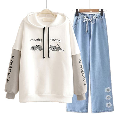 Spring Women's Clothing Student Hoodie Set Preppy-style Straight-leg Pants