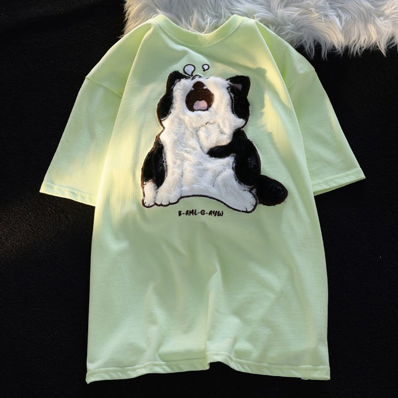 Japanese-style Retro Sleepy Cat Flocking Short Sleeve