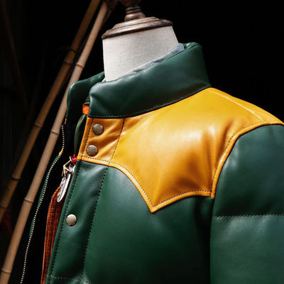 Green Designer Puffer Leather Jacket - Brando